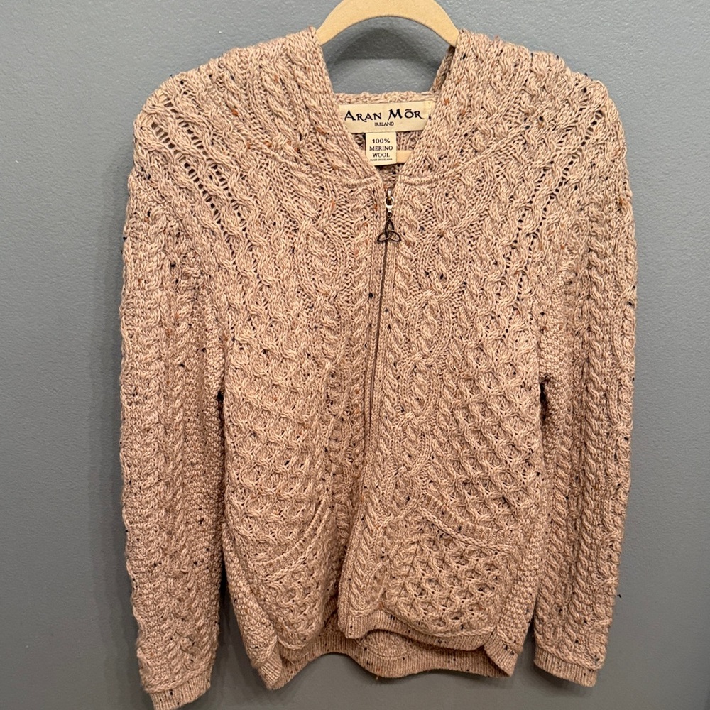 Aran Mor Cable Knit Merino Wool Zip Cardigan Sweater M Tan Beige Hooded Ireland